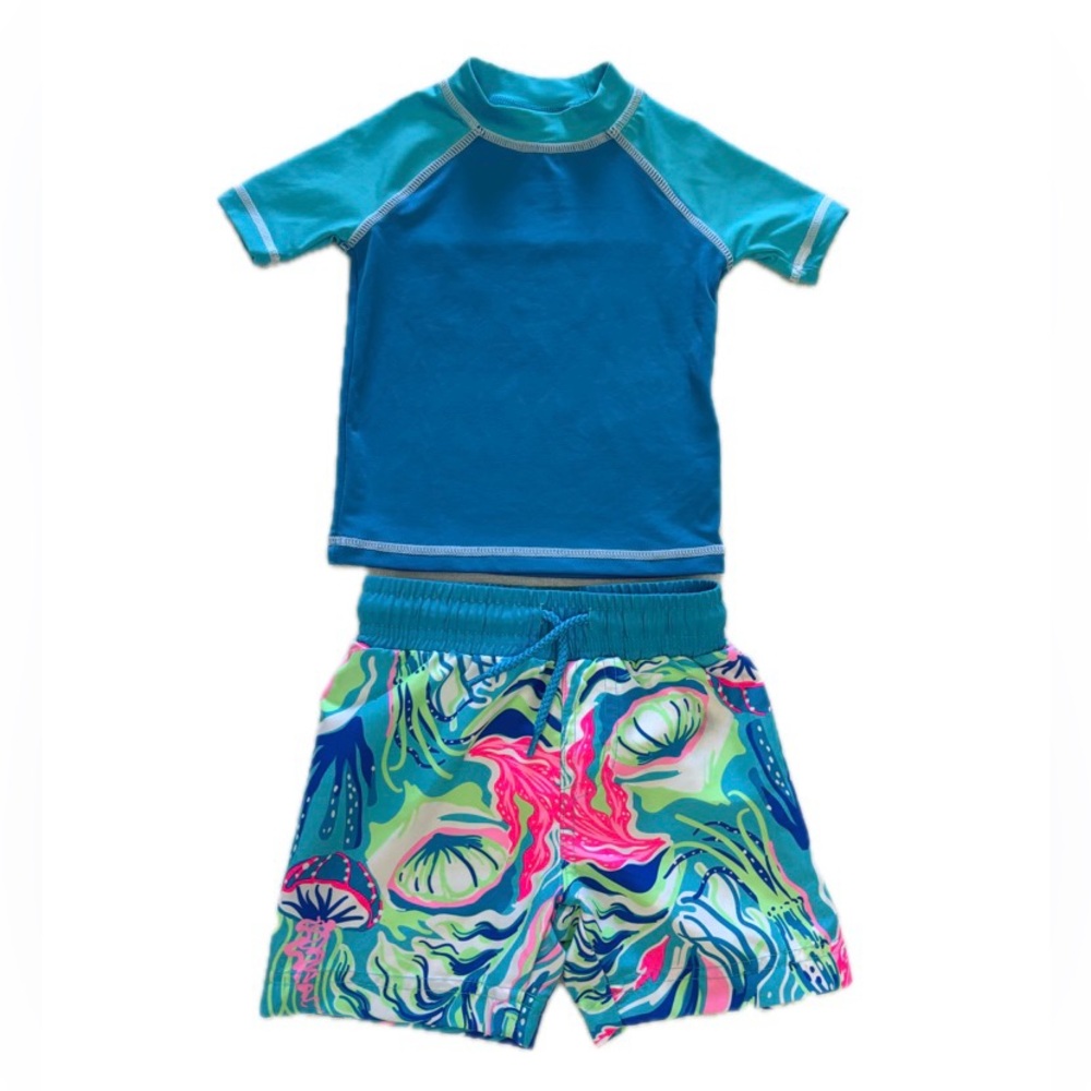 Tommy Bahama baby boys swim suit set swim trunks rash guard 12 months blue green